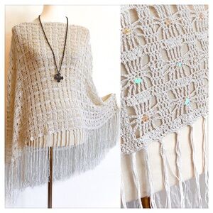Venezia Crochet Poncho with Sequins and Long Fringe